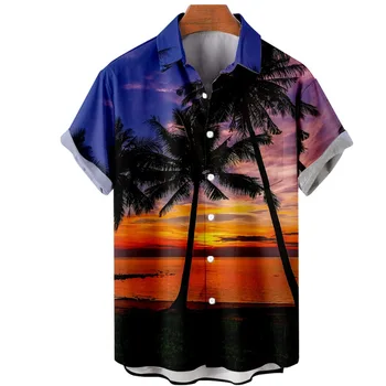 Homens de Camisa Havaiana Lapela de Moda Manga Curta Solta Respirável Superior de Verão Belo pôr do Sol da Praia de Homens Vestuário 2023