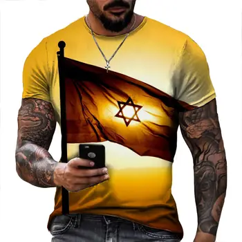 2023 Novo Summer Cool T-shirt masculina Bandeira de Israel de Impressão Grande O Decote Rua Vestuário Plus Size de Manga Curta e Confortável Topo