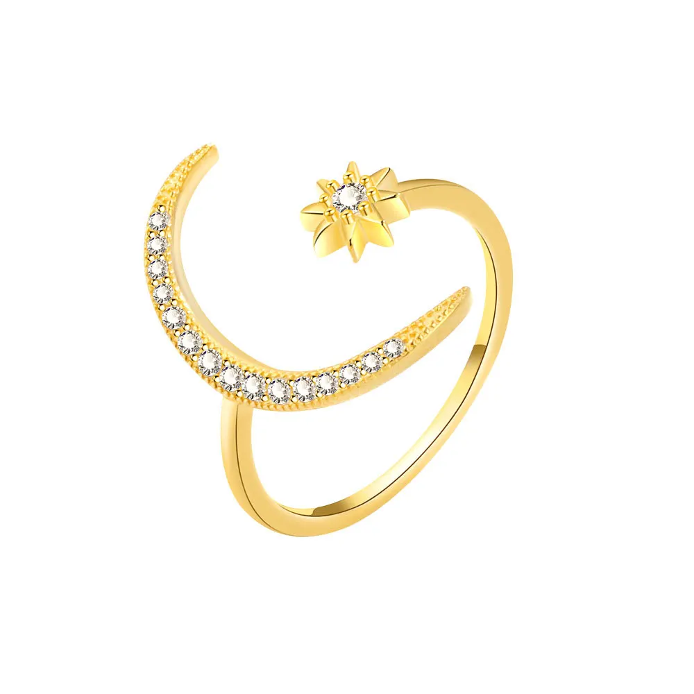 Vintage Estrelas, Lua, Os Anéis, As Mulheres Ajustável Cor De Ouro Crescente De Aço Inoxidável Do Anel De Casamento De Dois Anéis De Boho Jóias Presentes